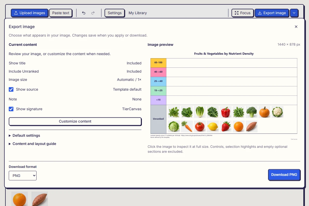 The Export image panel with the actual ranking preview, Source and Signature switches, Customize content, format choice, and Download.