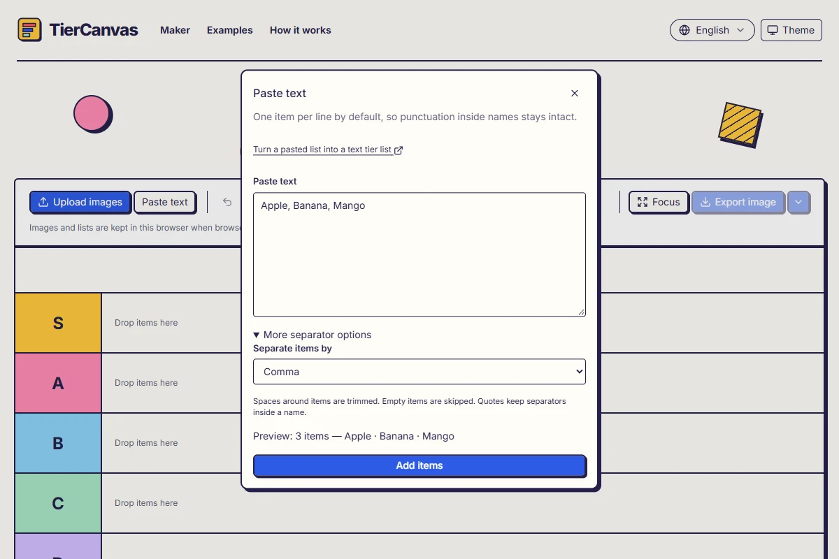 The Paste text panel showing a comma-separated fruit list and a three-item preview.