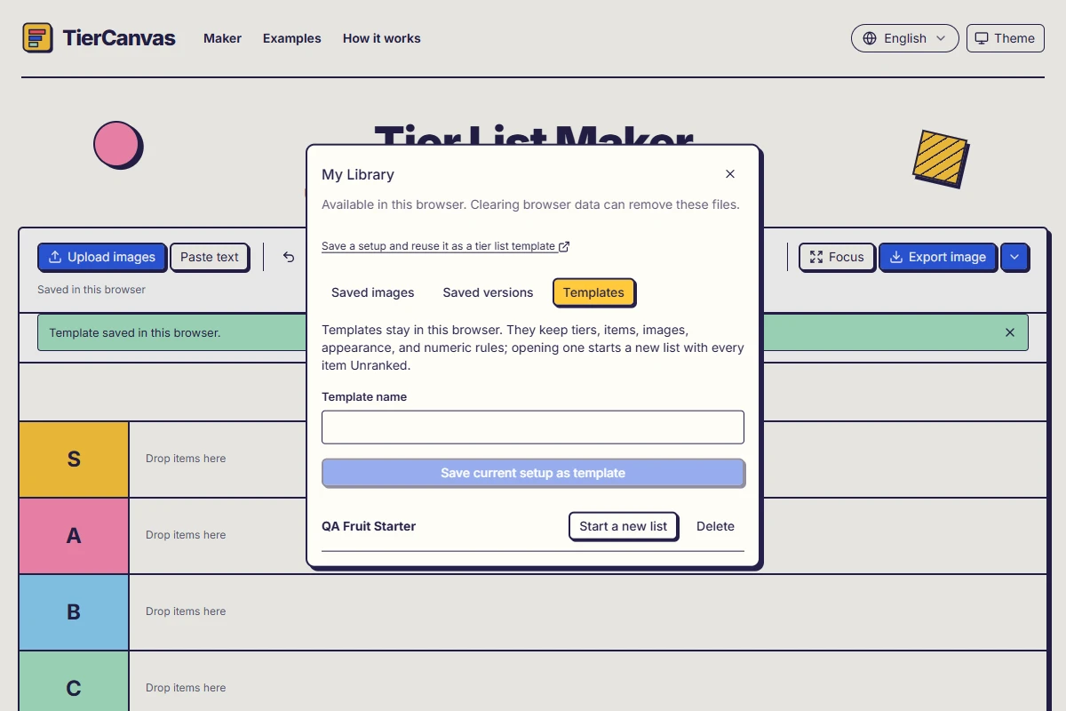 My Library with the Templates tab and a saved fruit-tasting starter ready to open.